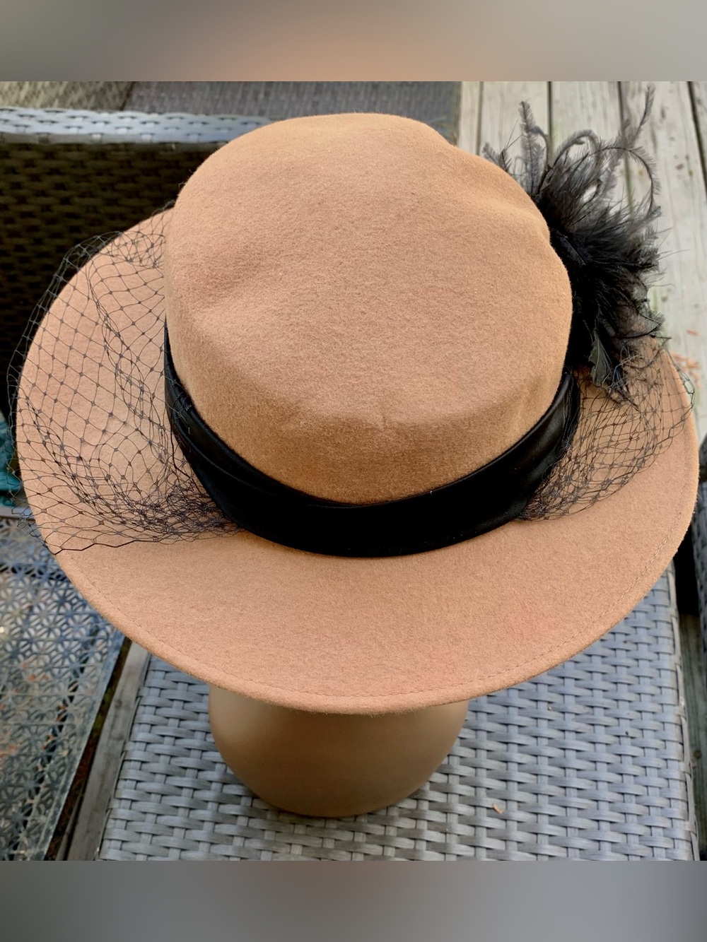 Camel Felt Wide-Brim Hat with Black Veil and Feather Accent - Picture 15 of 15